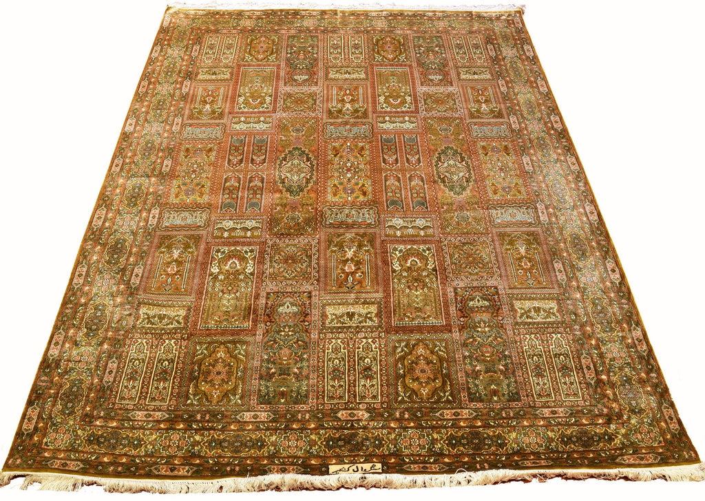 5x7' Qum Silk on Silk Rug Oriental Carpet Shalimar Tree of Life Olive Green Hand Knotted Museum Quality - Kashmir Designs