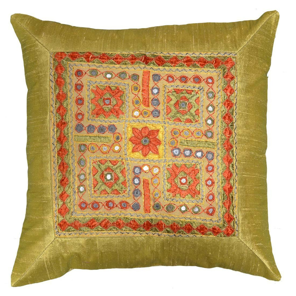 Silk Beige Gold Accent Sofa Zardozi Pillow Cover 16" x 16" - KashmirDesigns