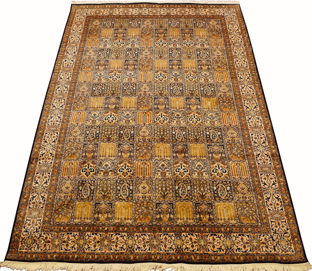 6x9ft Qum Silk Rug Tree of Life Oriental Carpet Geometric Gold Yellow Hand Knotted - Kashmir Designs