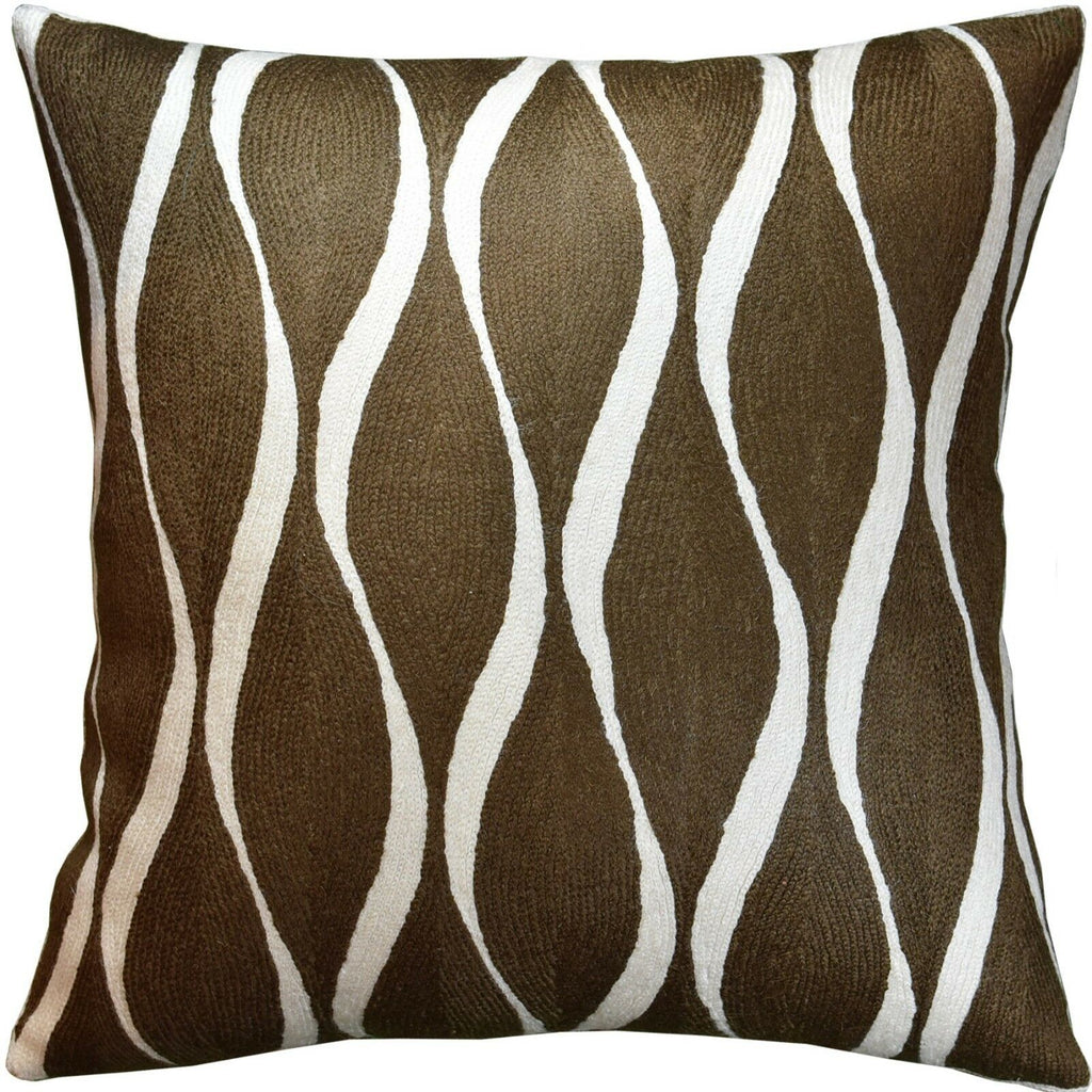 Contemporary Waves Brown Decorative Pillow Cover Handembroidered Wool 18x18" - KashmirDesigns