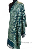 Teal Green Floral Kashmir Shawl Hand Embroidered Suzani Needlework Wrap 27x76