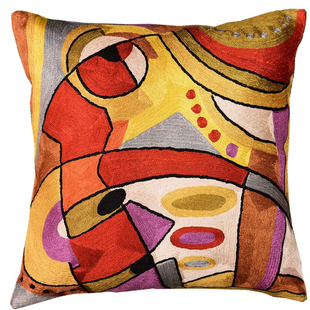 Decorative Cushion Cover Abstract Musical Hand-embroidered, 18"x18" - KashmirDesigns