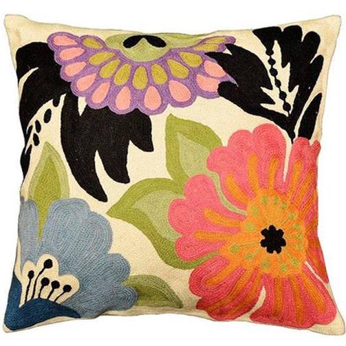 Modern Floral Design Pillow Cover I Hand Embroidered Wool 18x18" - KashmirDesigns
