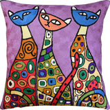 Modern Cats Purple Kitties Triplets Accent Pillow Cover Handmade Wool 18x18