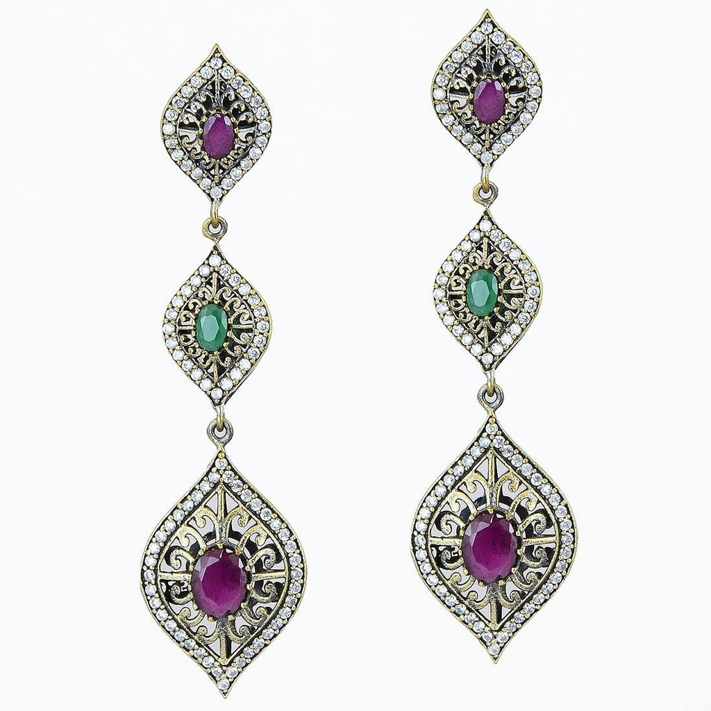 Silver Ruby Emerald Ottoman 925 Sterling Earrings Marquise Drop - Kashmir Designs