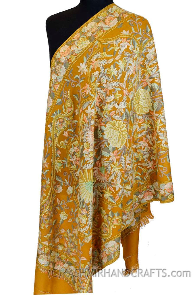 apricot gold floral kashmir shawl hand embroidered Kashmir Designs apricot gold floral kashmir shawl hand embroidered Kashmir Designs