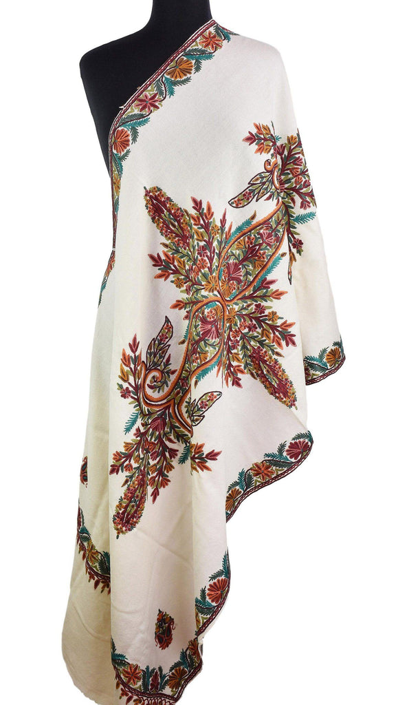 Ossa Kashmir Shawl Paisley Cream Ivory Hand Embroidered Suzani Needlework Wrap 27x76" - Kashmir Designs