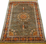 6x9ft Ardabil Silk Rug Oriental Carpet Medallion Green Teal Kashmir Hand Knotted