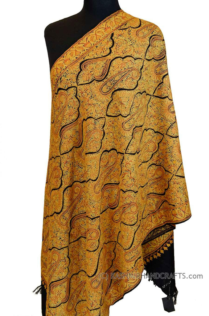 Yellow Gold Shawl Kashmir Jamawar Handembroidered Suzani Needlework Wrap 27x76" - Kashmir Designs
