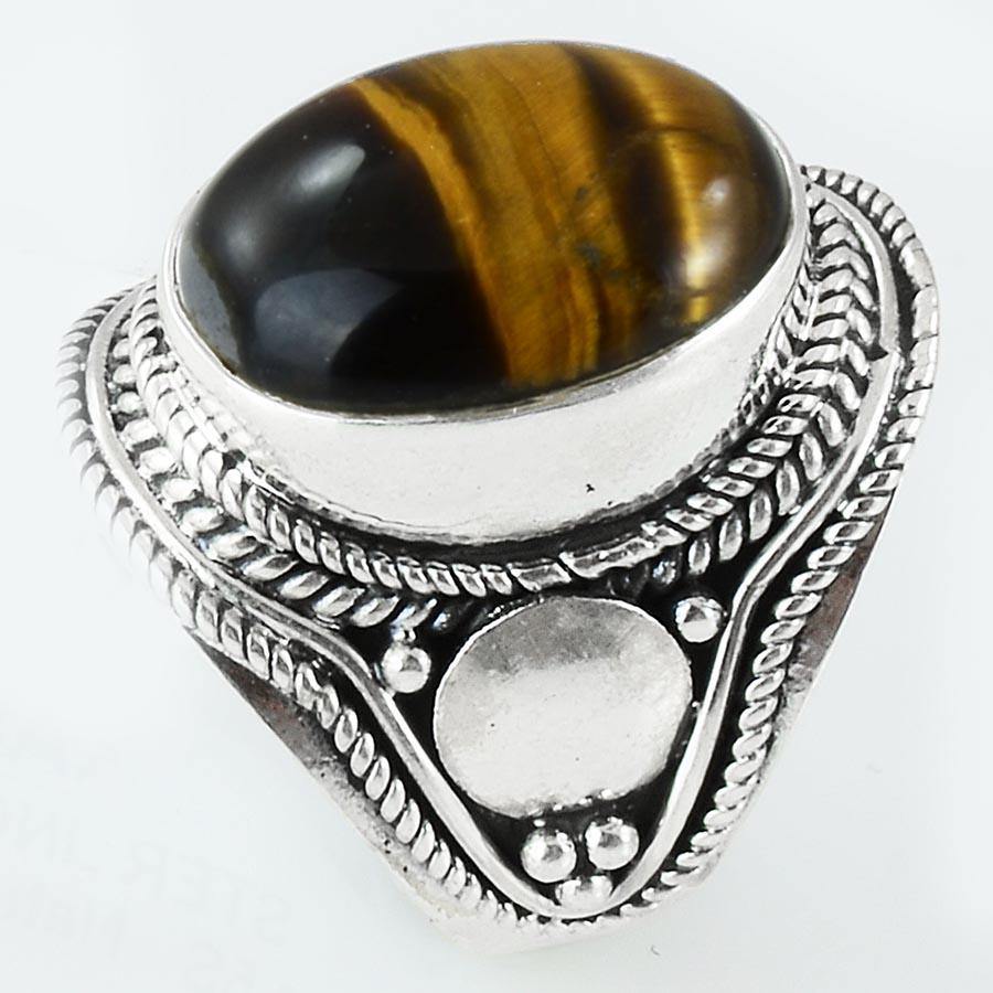 Size 6.5 Tiger Eye Ring Sterling Silver Cabochon Oval Rings - Kashmir Designs