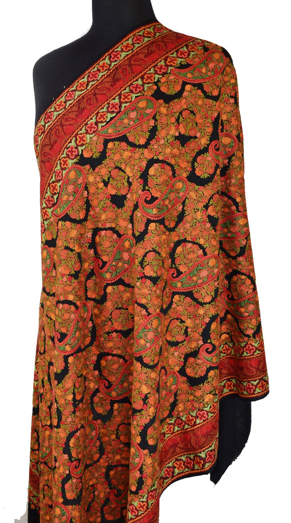 Danae Kashmir Shawl Paisleys Multi Color Hand Embroidered Suzani Needlework Wrap 27x76" - Kashmir Designs