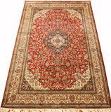 6x9ft Red Cream Isfahan Silk Rug Oriental Carpet Medallion Kashmir Hand Knotted