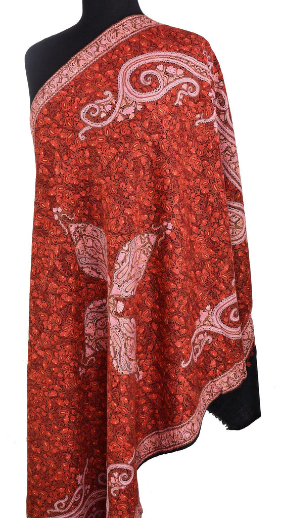 Briseis Kashmir Shawl Paisley Red Pink Hand Embroidered Suzani Needlework Wrap 27x76" - Kashmir Designs