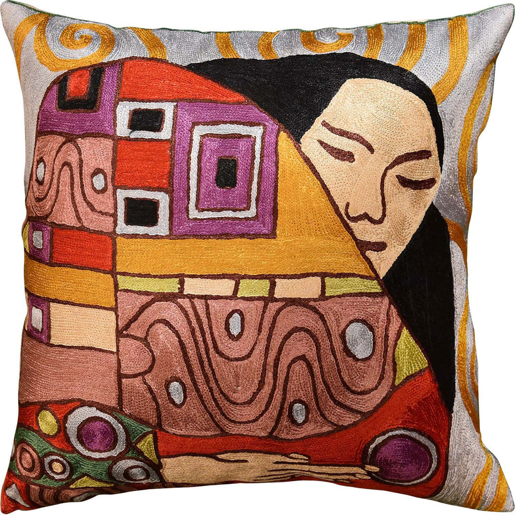 Klimt Embrace Decorative Pillow Cover Handembroidered Art Silk 18"x18" - KashmirDesigns