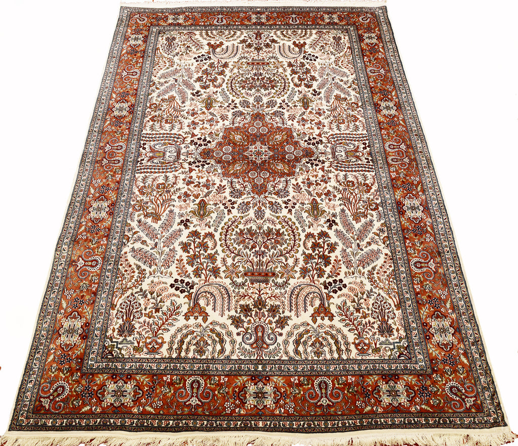 6x9ft Tabriz Cream White Silk Rug Oriental Carpet Medallion Paradise Garden Kashmir Hand Knotted