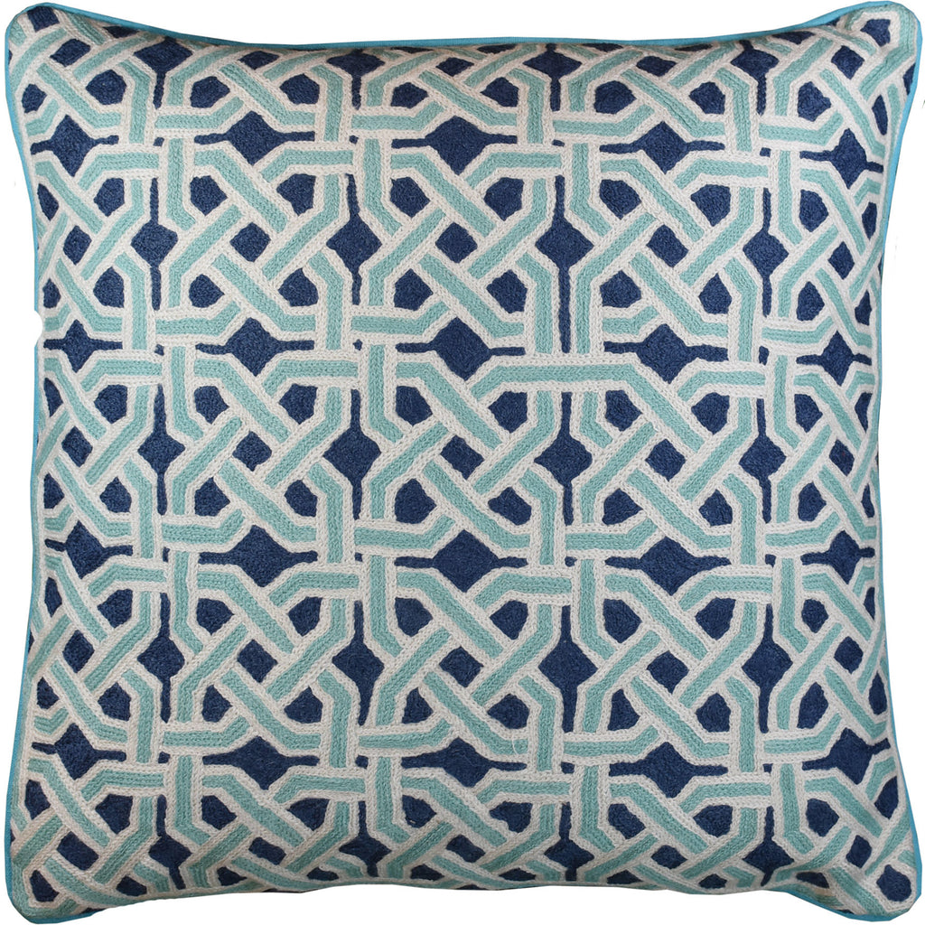Mosaic Celtic Knot Turquoise Decorative Pillow Cover Handembroidered Wool 20x20" - KashmirDesigns