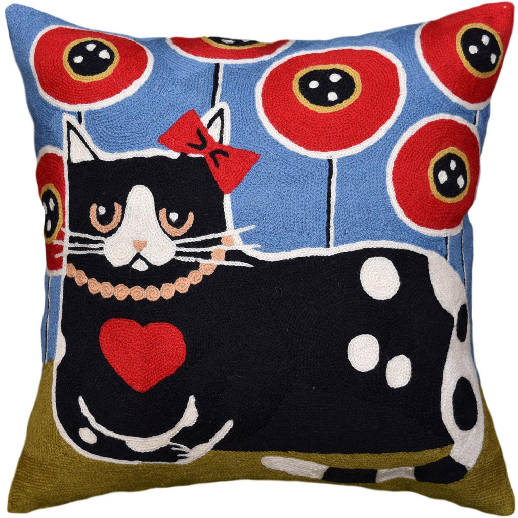 Black Cat Red Heart Decorative Pillow Cover Poppy Field Handembroidered Wool 18x18 - Kashmir Designs