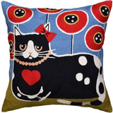Black Cat Red Heart Decorative Pillow Cover Poppy Field Handembroidered Wool 18x18