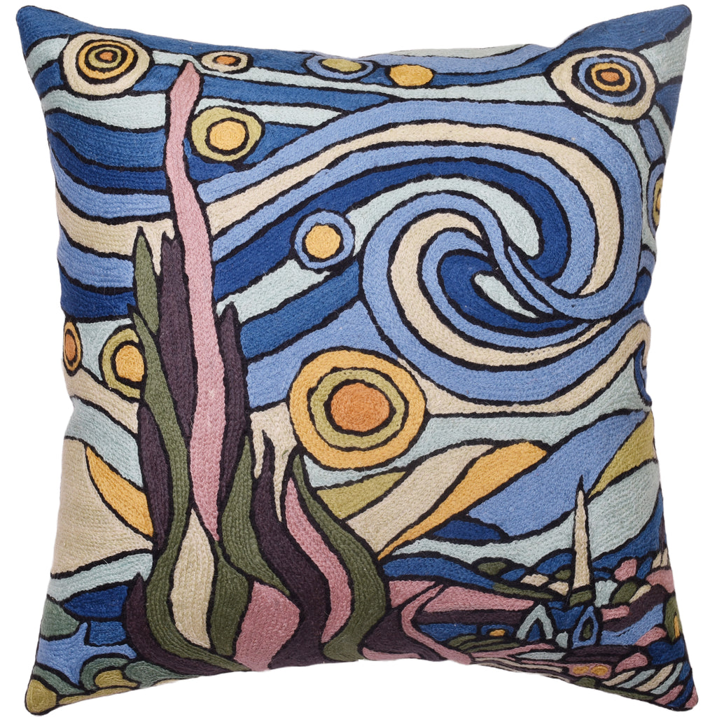 Blue Starry Night Inspired Van Gogh Throw Pillow Cover Blues Farmhouse Chair Cushion Hand Embroidered Wool 18x18"