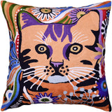Colorful Cat Decorative Pillow Cover Whimsical Cats Handembroidered Wool 18x18