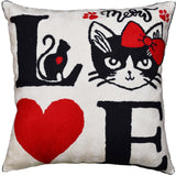 I Love Cat Decorative Pillow Cover Ivory Cream Handembroidered Wool 18x18