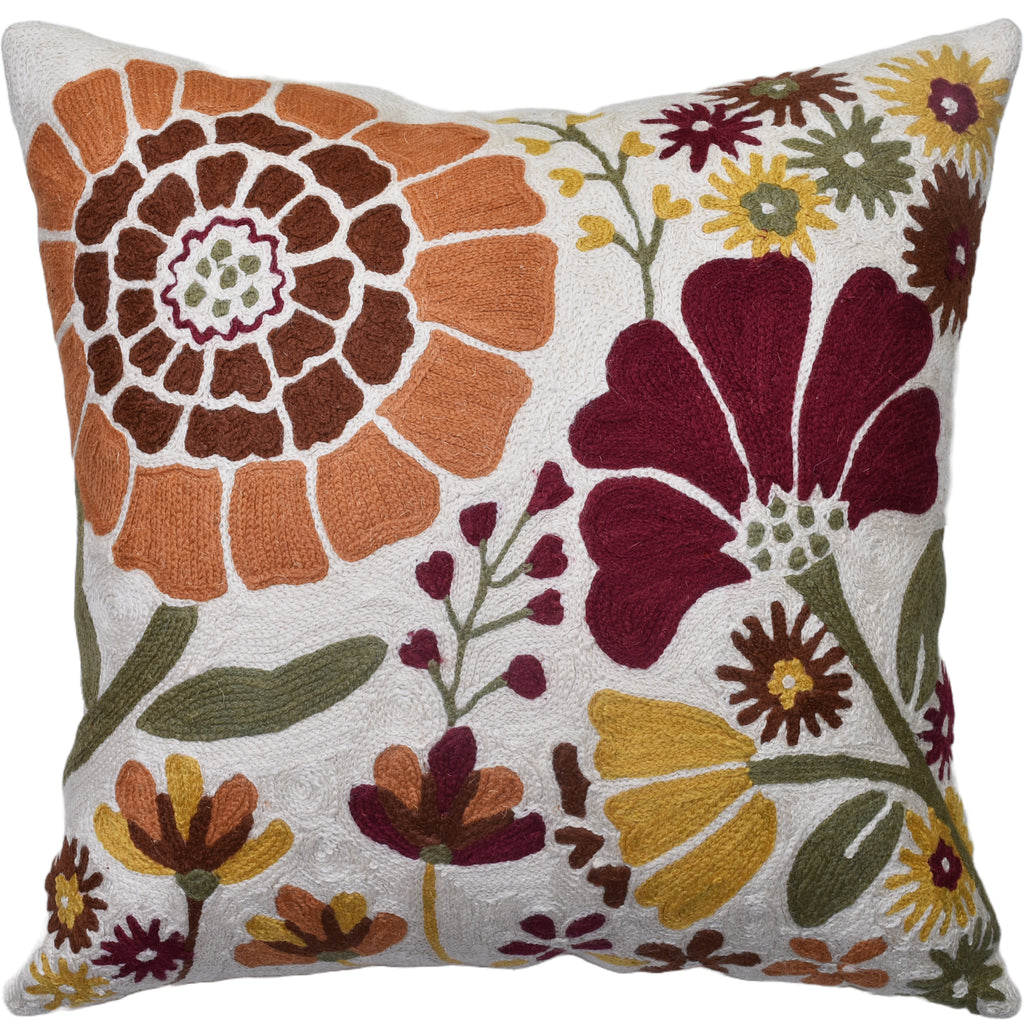 Coral Flower Floral Pillow Cover | Flower Hand Embroidered Pillow | Floral Outdoor Pillow | Suzani Throw Pillow | Flower Throw Pillow | Modern Floral Chair Cushion | Wool Size - 18x18 | Floral Chair Cushion | Hand Embroidered Wool Size - 18x18