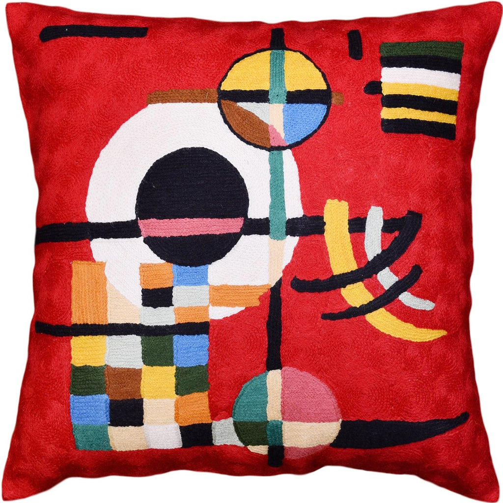 Red Kandinsky Decorative Pillow Cover Abstract Counterweights Hand Embroidered Wool 18x18 - Kashmir Designs