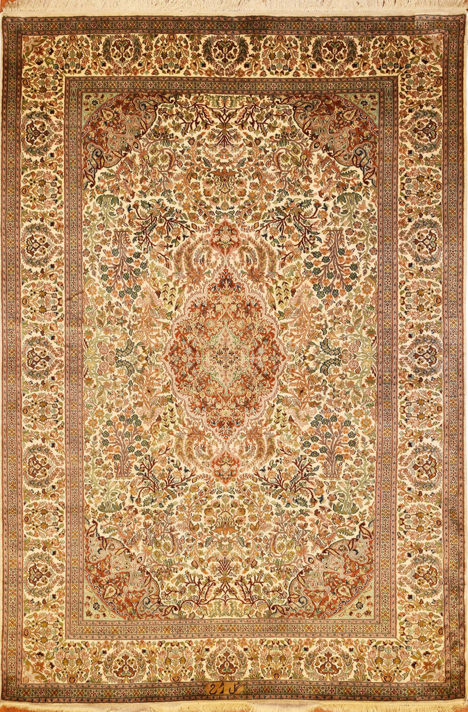 6'x4' Isfahan Pure Silk Area Rug Carpet Ivory Medallion Oriental Hand Knotted - KashmirDesigns