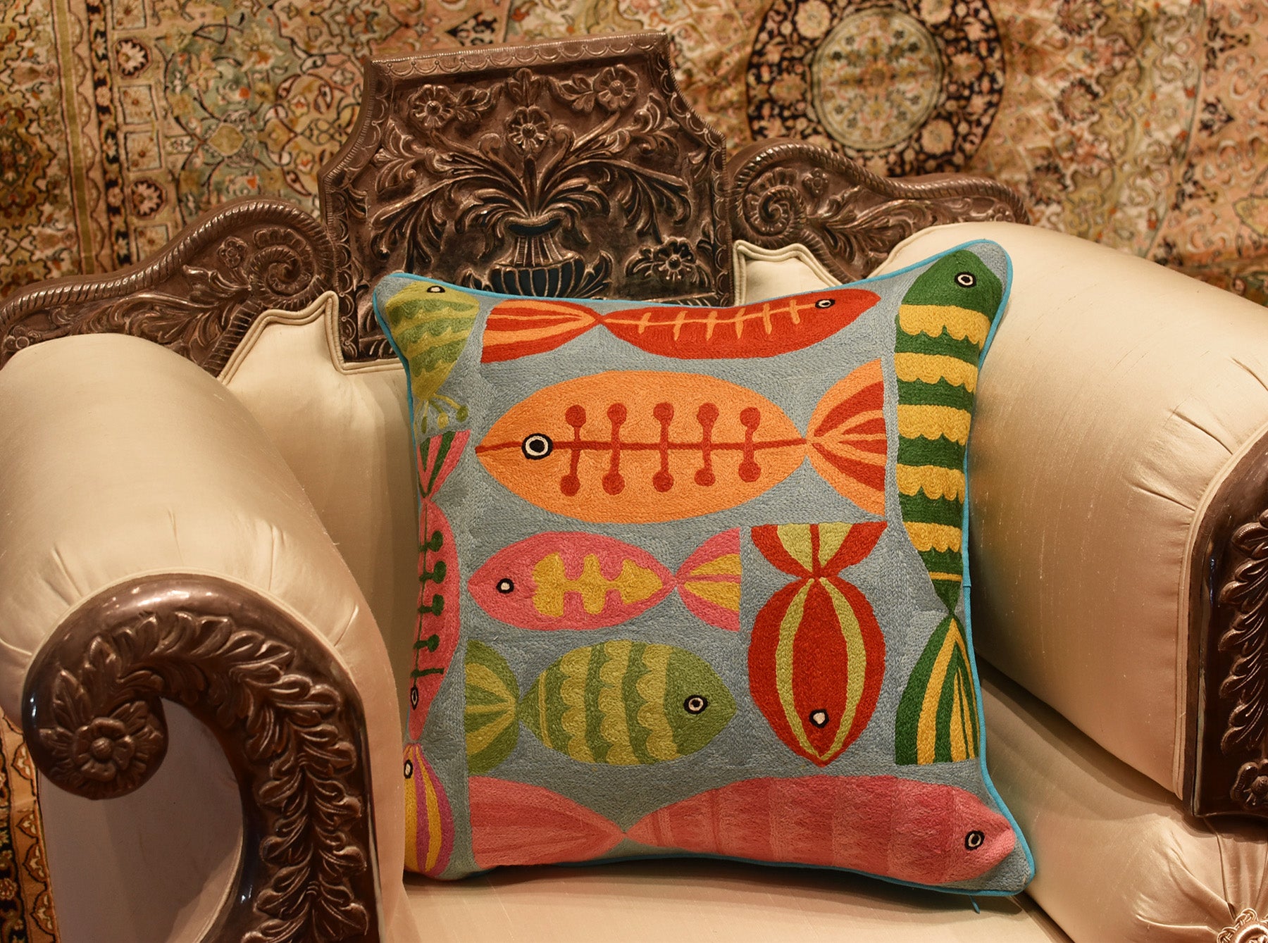 Modern Fish Turquoise Suzani Decorative Pillow Cover