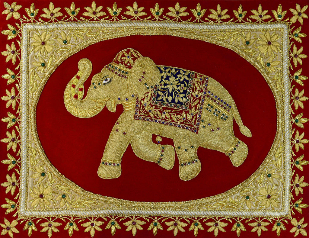 Jewel 1.5ftx2ft Elephant Art Tapestry Wall Hanging Red Gold Zardozi Handmade - KashmirDesigns