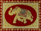 Jewel 1.5ftx2ft Elephant Art Tapestry Wall Hanging Red Gold Zardozi Handmade