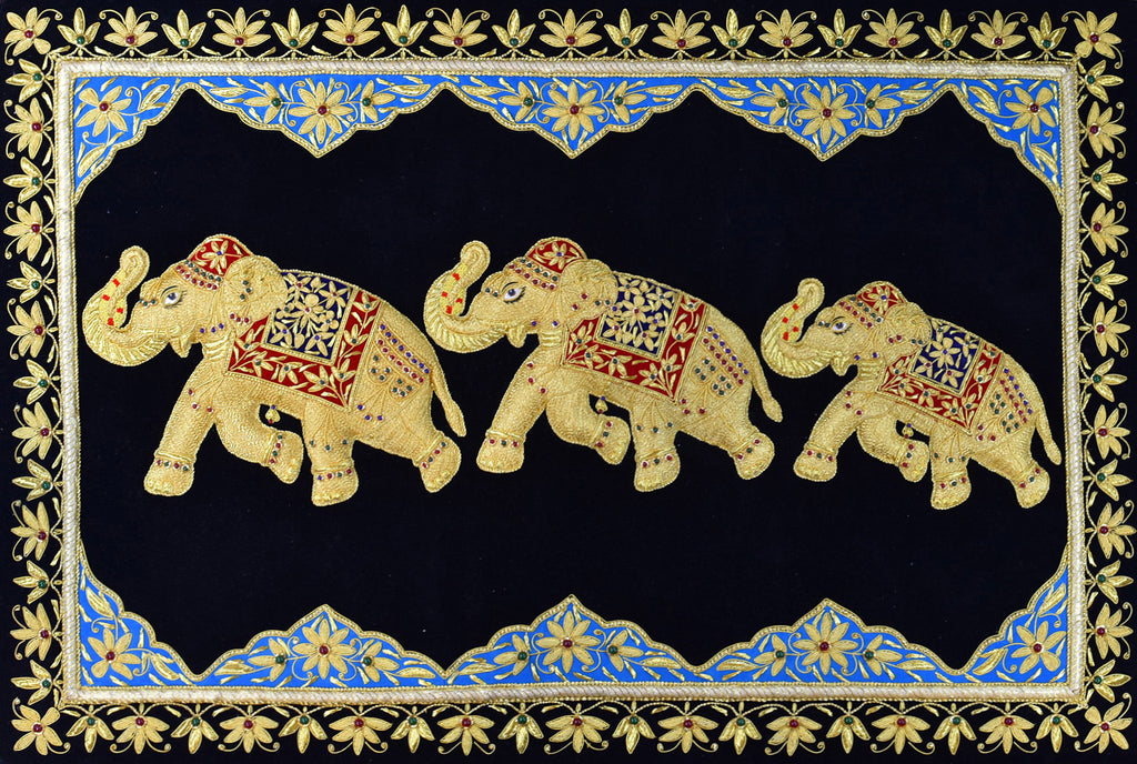Jewel 2ftx3ft Three Elephants Tapestry Wall Hanging Black Gold Zardozi Handmade - KashmirDesigns