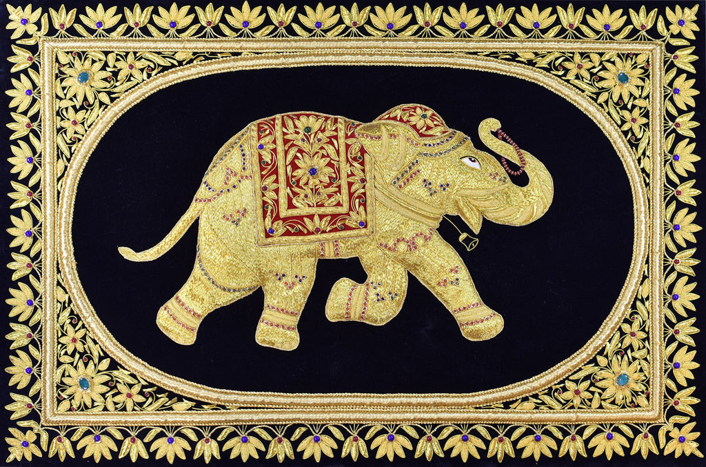 Jewel 2ftx3ft Elephant Art Tapestry Wall Hanging Black Gold Zardozi Handmade - KashmirDesigns