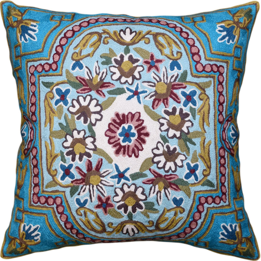 Floral Garden Pillow Cover Bright Turquoise Green Blue Hand Embroidered Wool 18x18" - KashmirDesigns
