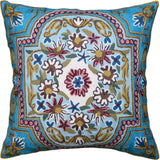 Floral Garden Pillow Cover Bright Turquoise Green Blue Hand Embroidered Wool 18x18