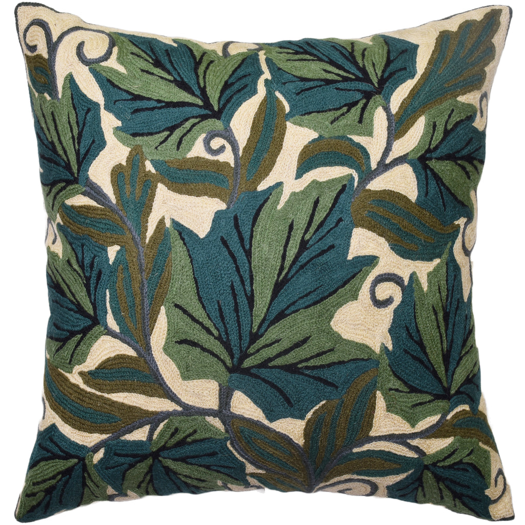 Floral Maple Green Pillow Cover - Maple Leaf Pillowcase Suzani Farmhouse Chair Cushion Floral Cushion Hand Embroidered Wool Size - 18x18