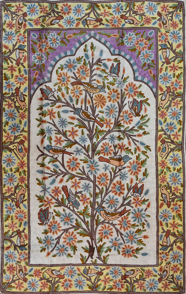 Floral 2.5x4ft Tree of Life Birds Cream Accent Wall Art Tapestry Rug Art Silk - KashmirDesigns