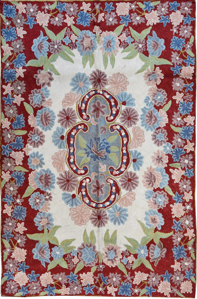 Floral 2ftx3ft Decorative Red Cream Handmade Wall Hanging Tapestry Rug Art Silk - KashmirDesigns