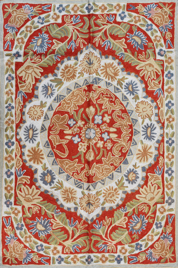Floral 2ftx3ft Handmade Red Medallion II Wall Hanging Tapestry Rug Art Silk - KashmirDesigns