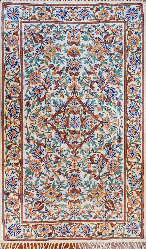 Floral 3ftx5ft Decorative Cream Brown Accent Wall Hanging Tapestry Rug Art Silk - KashmirDesigns