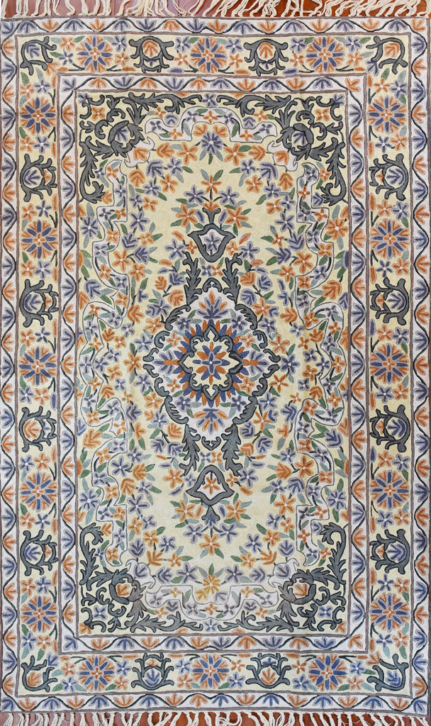Floral 3ftx5ft Decorative Cream Handmade Wall Hanging Tapestry Rug Art Silk - KashmirDesigns