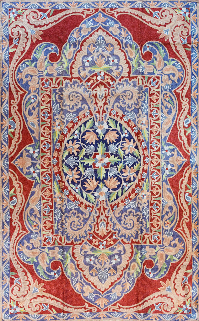 Floral 3ftx5ft Decorative Handmade Red Blue 3 Wall Hanging Tapestry Rug Art Silk - KashmirDesigns