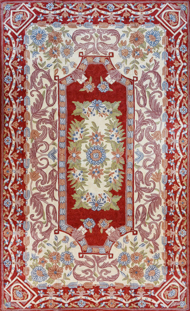 Floral 3ftx5ft Decorative Red Cream Handmade Wall Hanging Tapestry Rug Art Silk - KashmirDesigns