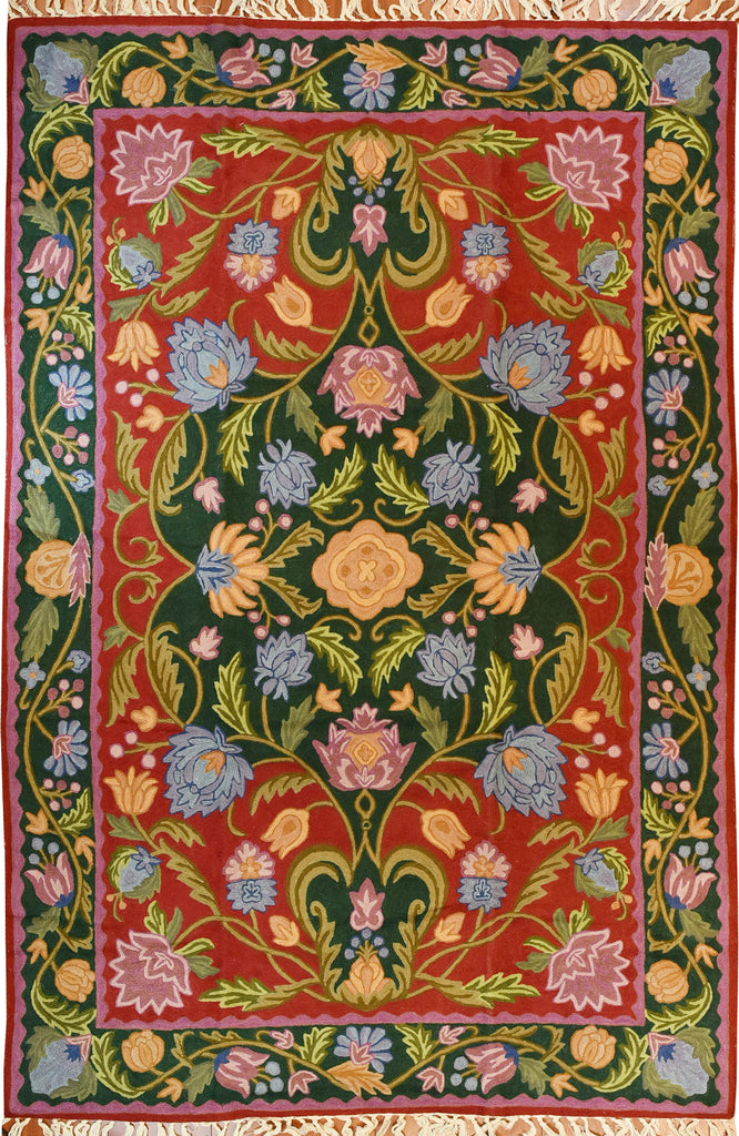 Floral 6ftx4ft Decorative Red Green Handmade Wall Hanging Tapestry Rug Wool - KashmirDesigns