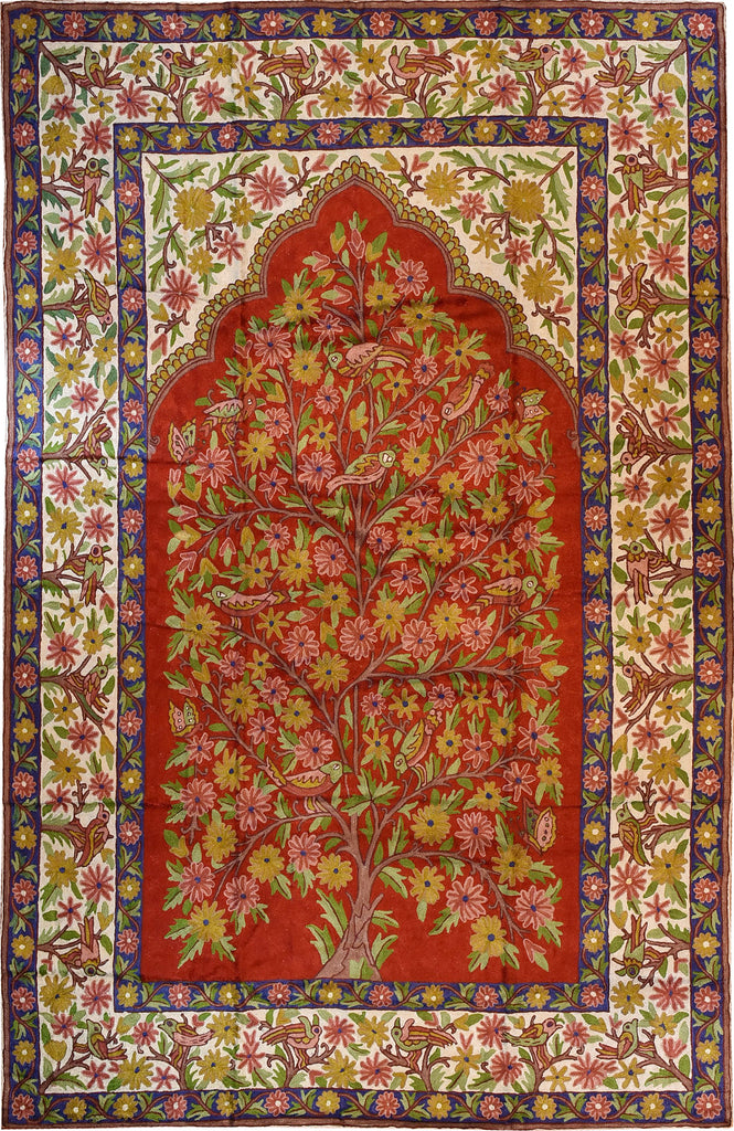 Floral 6ftx4ft Tree of Life Birds Red Cream Wall Hanging Tapestry Rug Art Silk - KashmirDesigns