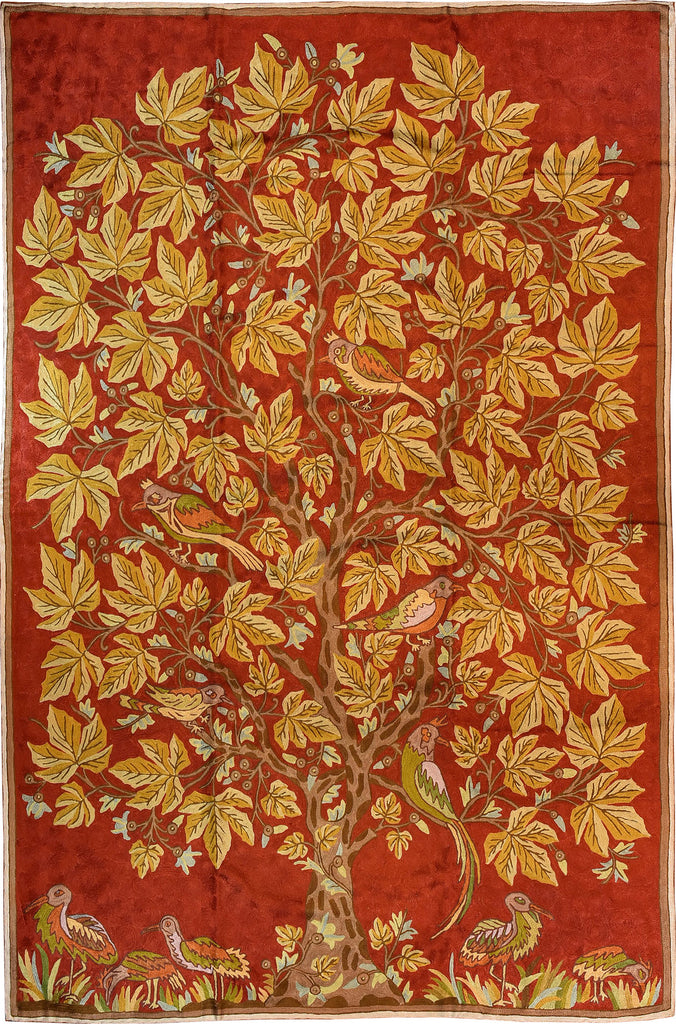 Floral 6ftx4ft Tree of Life Birds Red Gold Wall Hanging Tapestry Rug Art Silk - KashmirDesigns