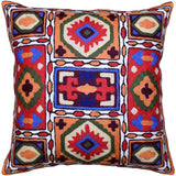 Tribal Pillow Cover Four Directions Red Blue Southwestern Aztec Handembroidered Wool 18x18