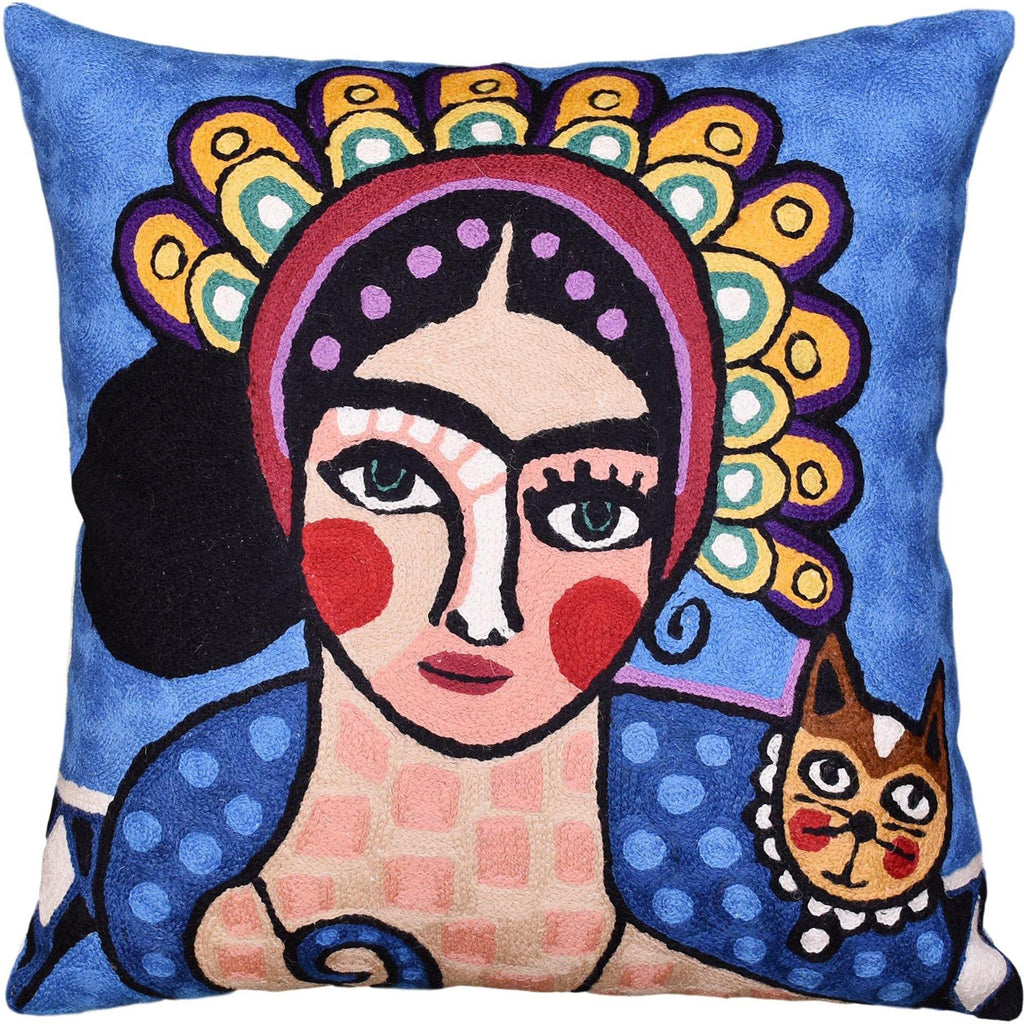 Bella Senorita Cat Pillow Cover Colorful Tiara Blue Handembroidered Wool 18x18 - Kashmir Designs