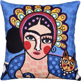 Frida Kahlo Inspired Pillow Cover Blue Tiara Mexican Art Throw Chair Cushion Hispanic Cat Pillows Ethnic Hand embroidered Wool Size -18x18