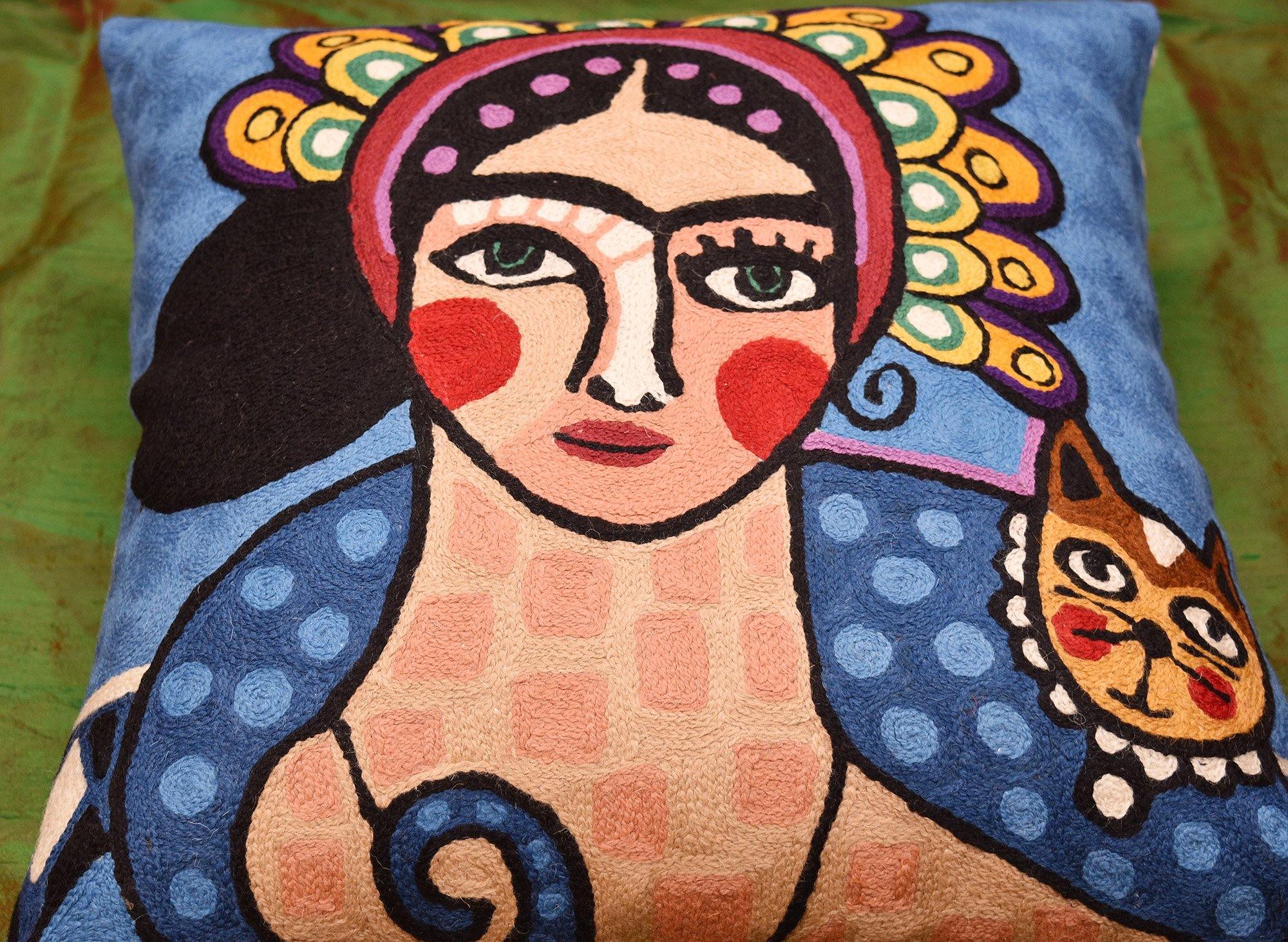 Frida Kahlo Inspired Pillow Cover Blue Tiara Mexican Art Throw Chair C Kashmir Designs